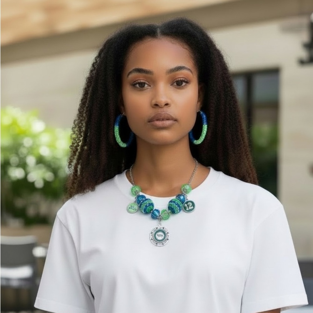 Green and Blue Seahawks Beaded Necklace and hoop earrings set💙💚